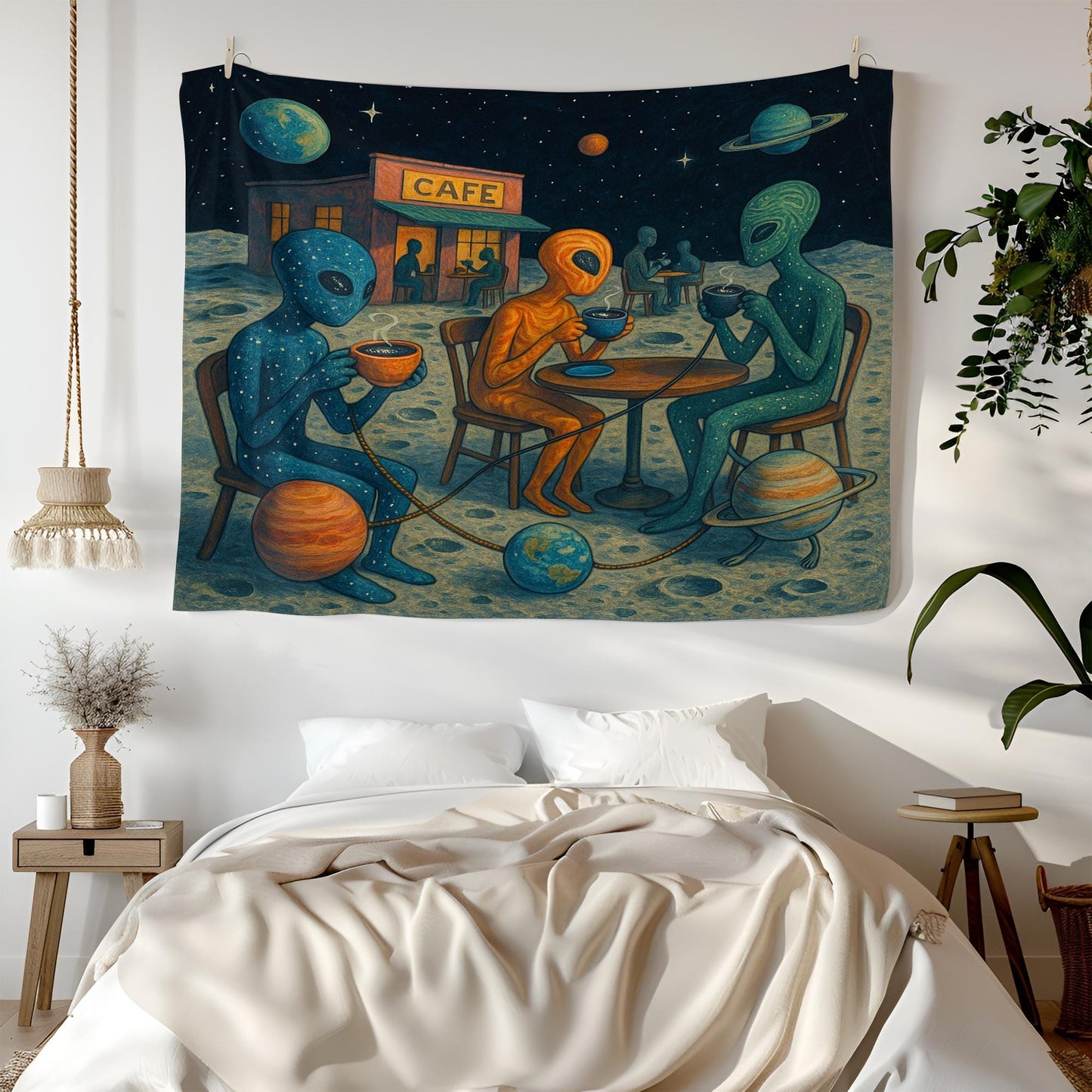 Alien Cafe Wall Tapestry with Space Beings Drinking Coffee on the Moon, Whimsical Outer Space Art for Sci-Fi Bedroom or Dorm Room Decor