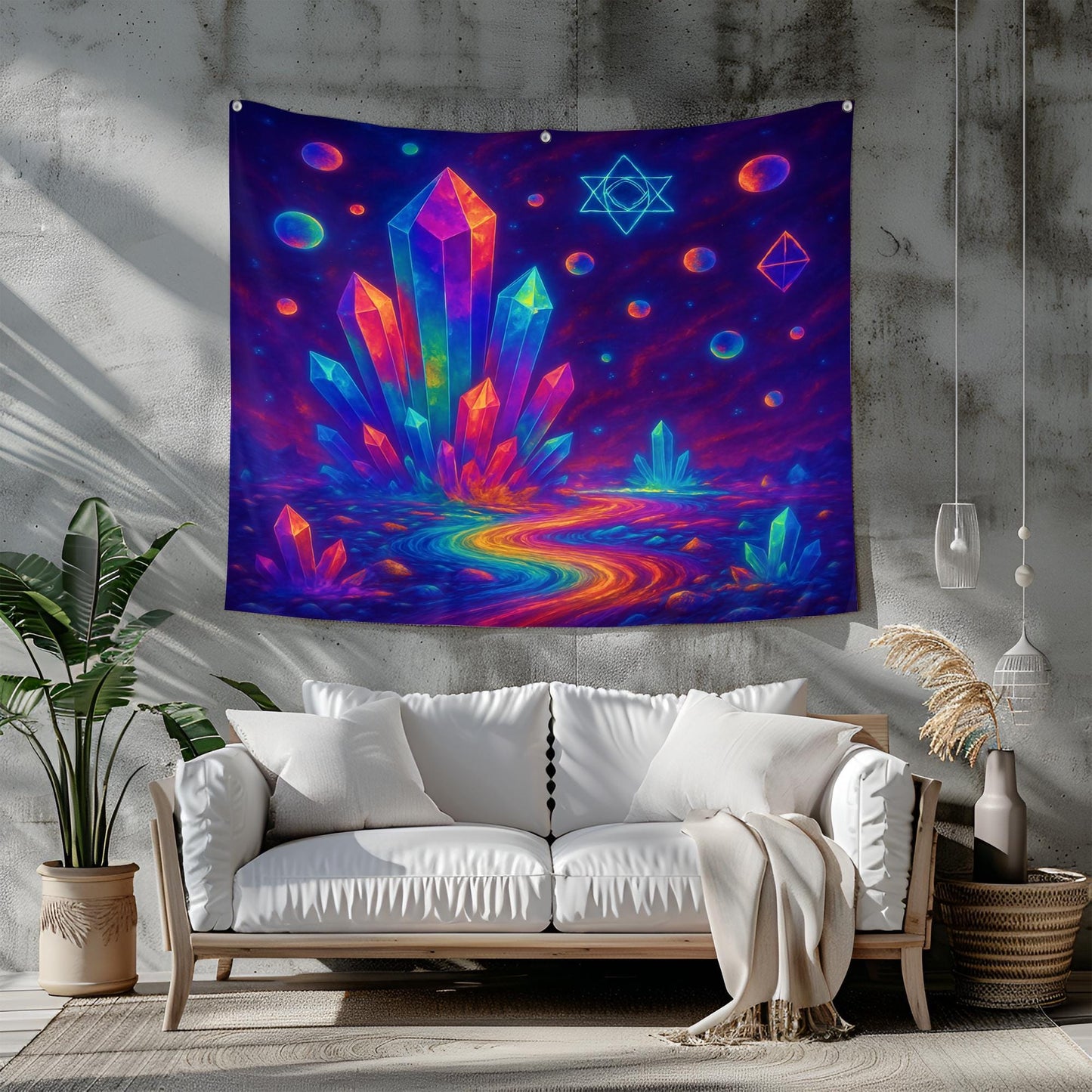 Rainbow Crystal Field Tapestry, Trippy Wall Art With Sacred Geometry, Floating Orbs And Energy Waves, Psychedelic Decor, Gift For Her