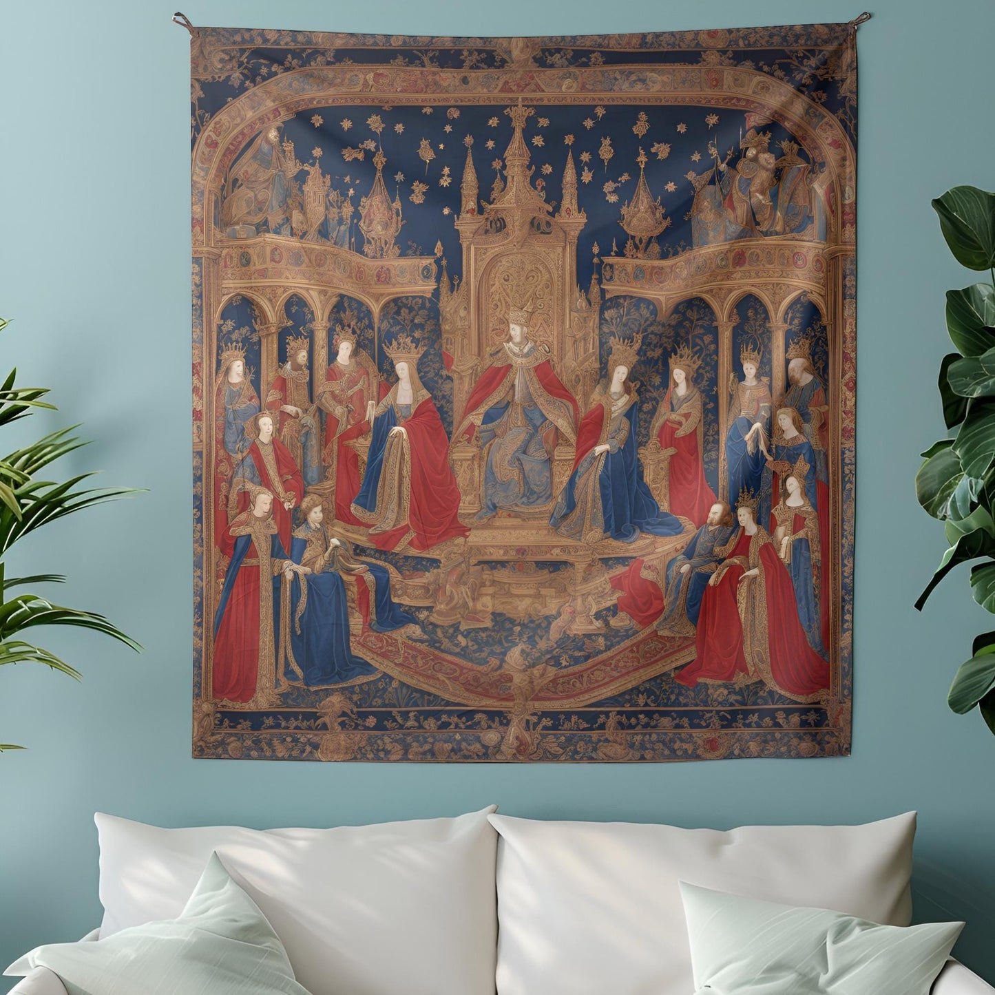 Medieval Royal Tapestry - King and Queen Sitting on Golden Thrones - Gothic Wall Hanging - Renaissance Home Decor - Castle-Inspired Art