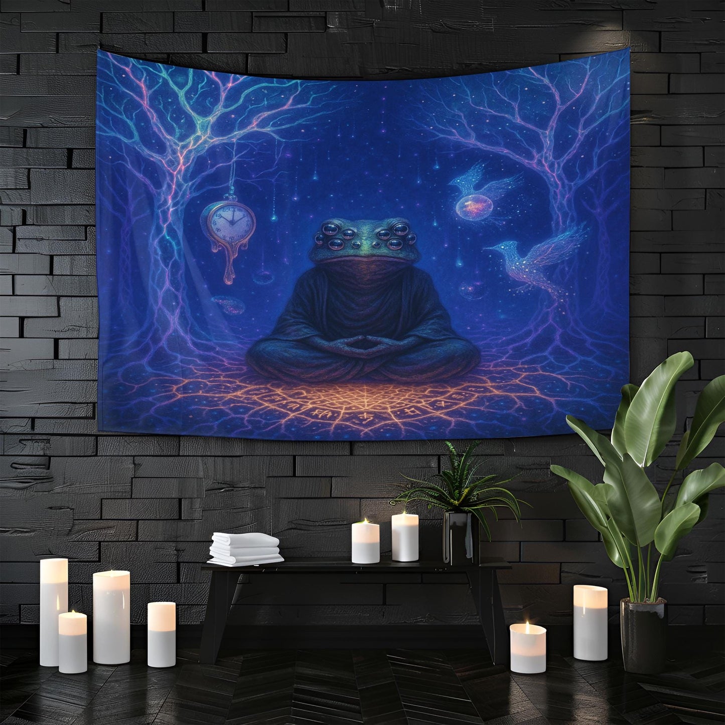 Psychedelic Frog Tapestry β Trippy Meditating Creature Wall Art, Surreal Time and Space Decor, Cosmic Boho Tapestry, Mystical Visionary
