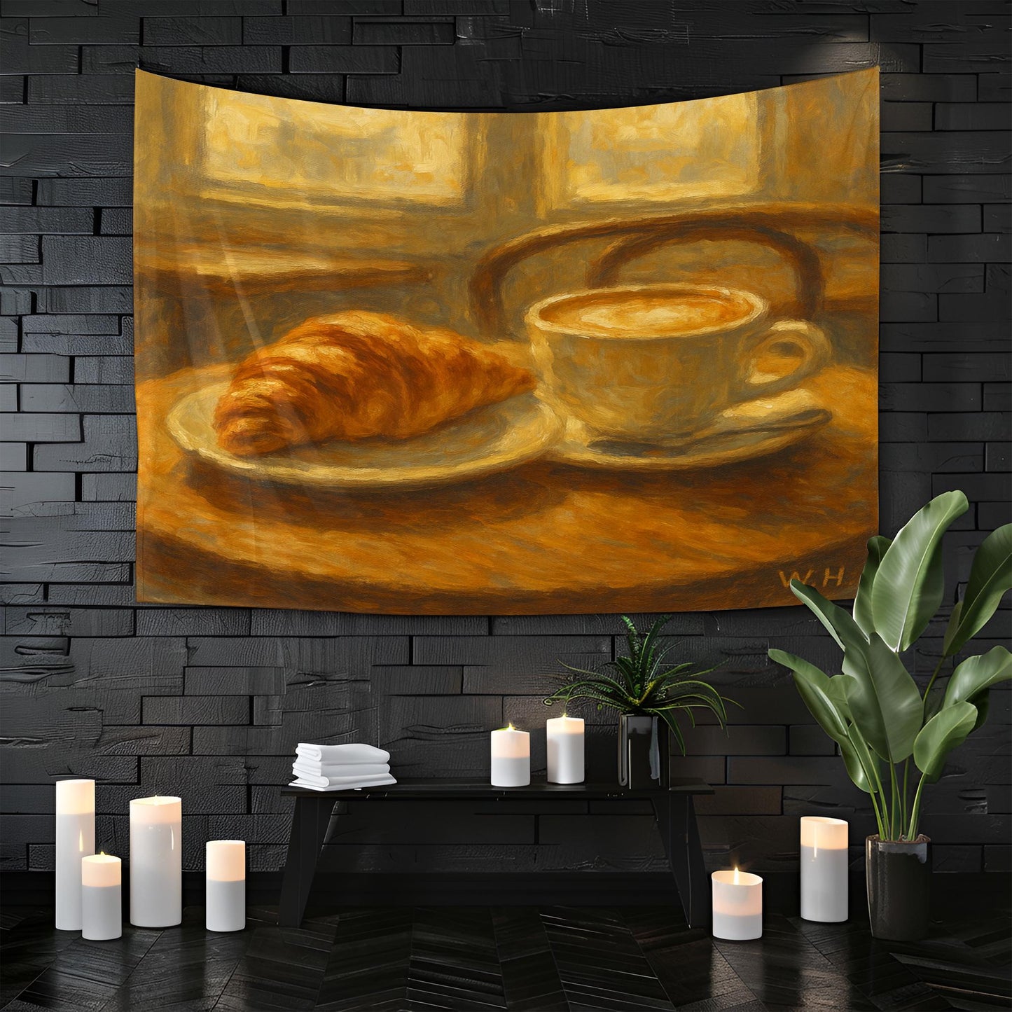 French Breakfast Tapestry Wall Art, Croissant and Coffee Painting Style Print, Cozy Kitchen Cafe Decor for Dining Room or Breakfast Nook