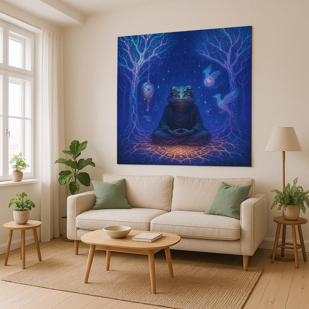Psychedelic Frog Tapestry β Trippy Meditating Creature Wall Art, Surreal Time and Space Decor, Cosmic Boho Tapestry, Mystical Visionary