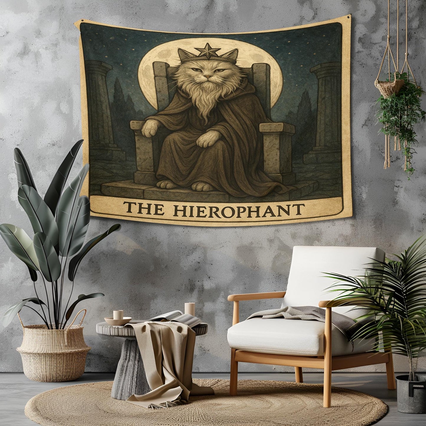 The Hierophant Cat Tapestry – Tarot Priest Cat Wall Art, Mystical Occult Decor, Gothic Spiritual Tapestry for Bedroom or Altar Space