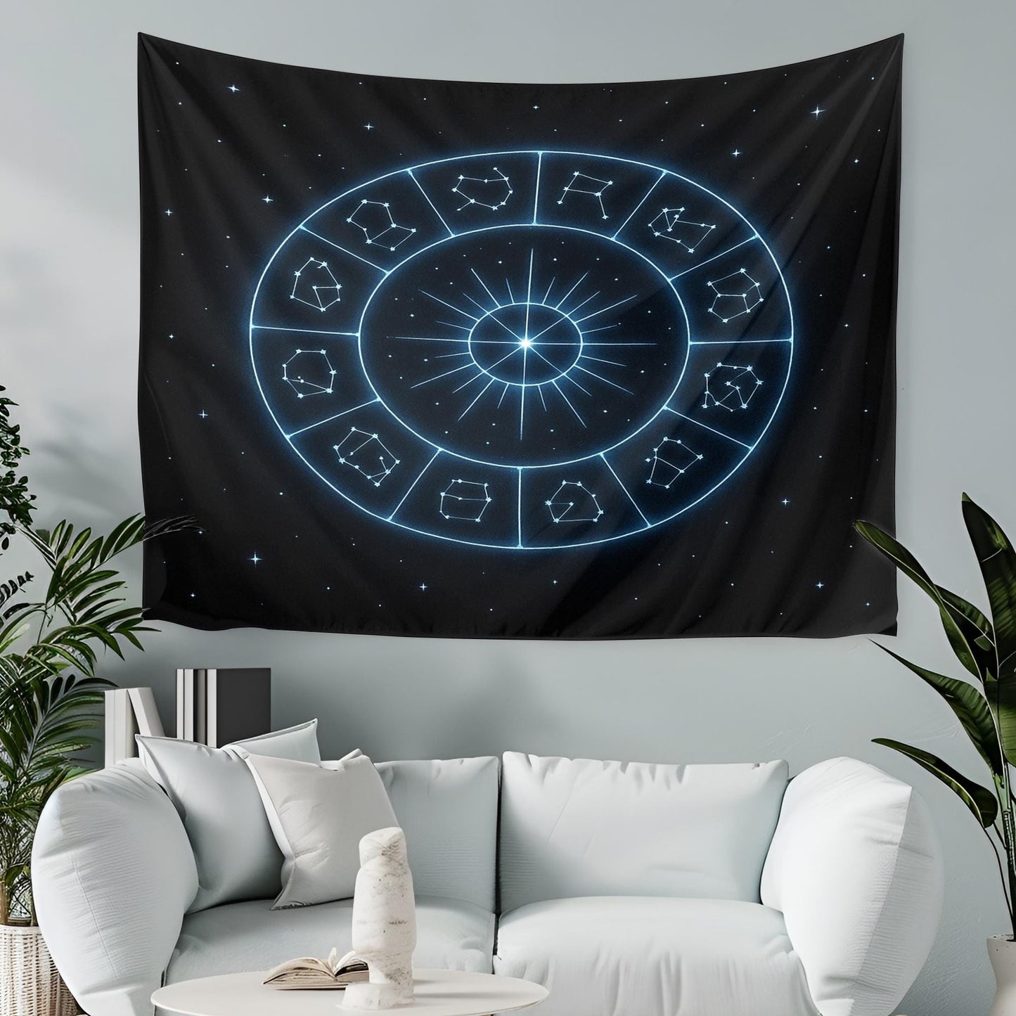 Zodiac Sign Constellation Wall Tapestry in Glowing Blue on Black β Celestial Astrology Decor for Bedroom, Meditation or Dorm Room Style