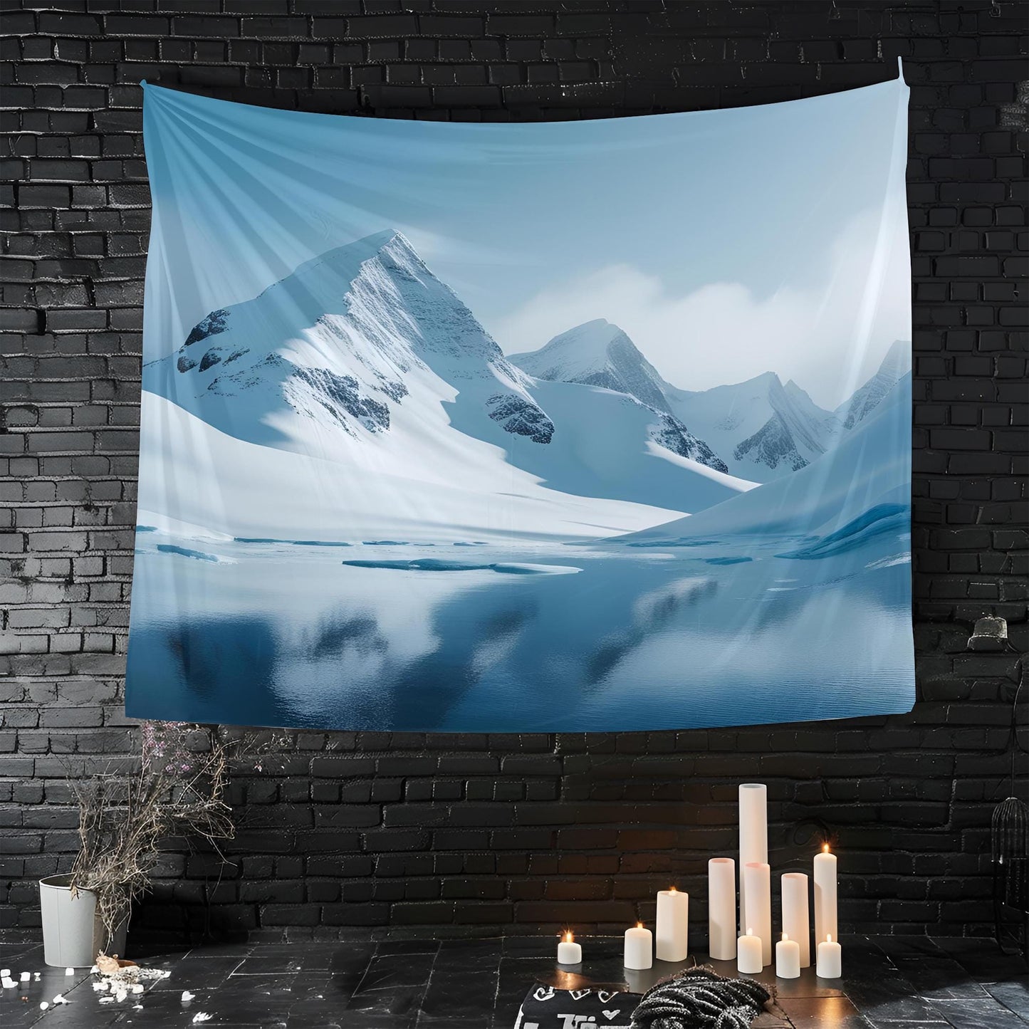 Snow-Covered Mountain Peaks Tapestry, Cool Blue Tones with Misty Softened Edges, Icy Reflections, Minimalist & Stylized Landscape Art