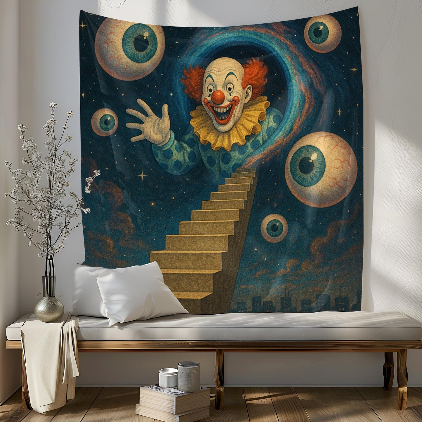 Staircase To Stars Tapestry With Clown Emerging From Wormhole And Orbiting Eyeballs, Surreal Psychedelic Wall Art, Gift For Him Or Her