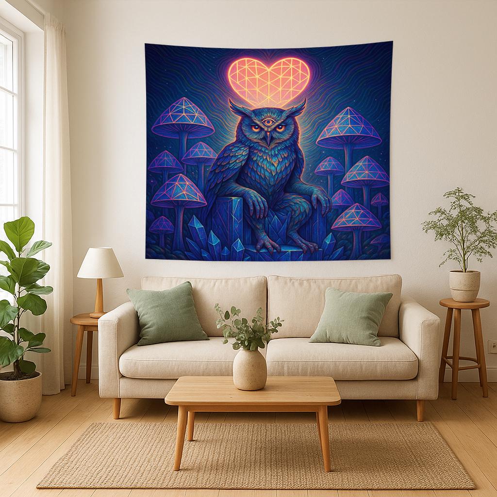 Psychedelic Owl Tapestry – Third Eye Forest Wall Art, Trippy Mushroom Decor, Visionary Crystal Owl Print, Geometric Heart Scene