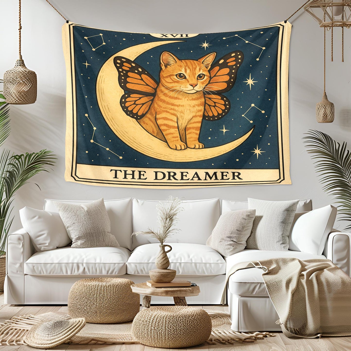 The Dreamer Cat Tapestry – Celestial Cat Wall Art, Butterfly Wing Cat Decor, Magical Tarot-Inspired Tapestry for Boho or Bedroom Walls