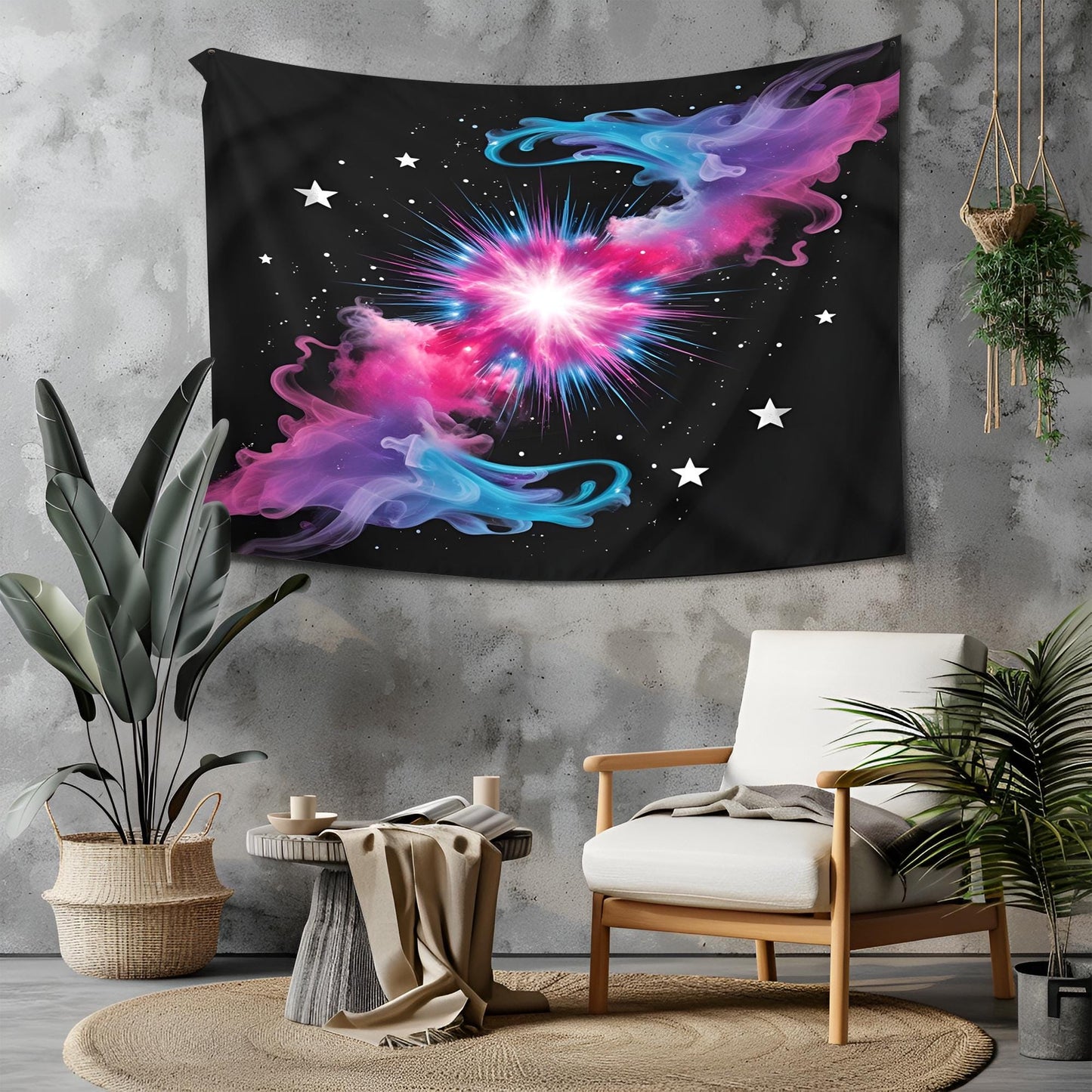 Colorful Space Nebula Tapestry, Central Cosmic Burst with Floating Stars & Swirling Mist, Vibrant Pink Blue Purple on Black Background