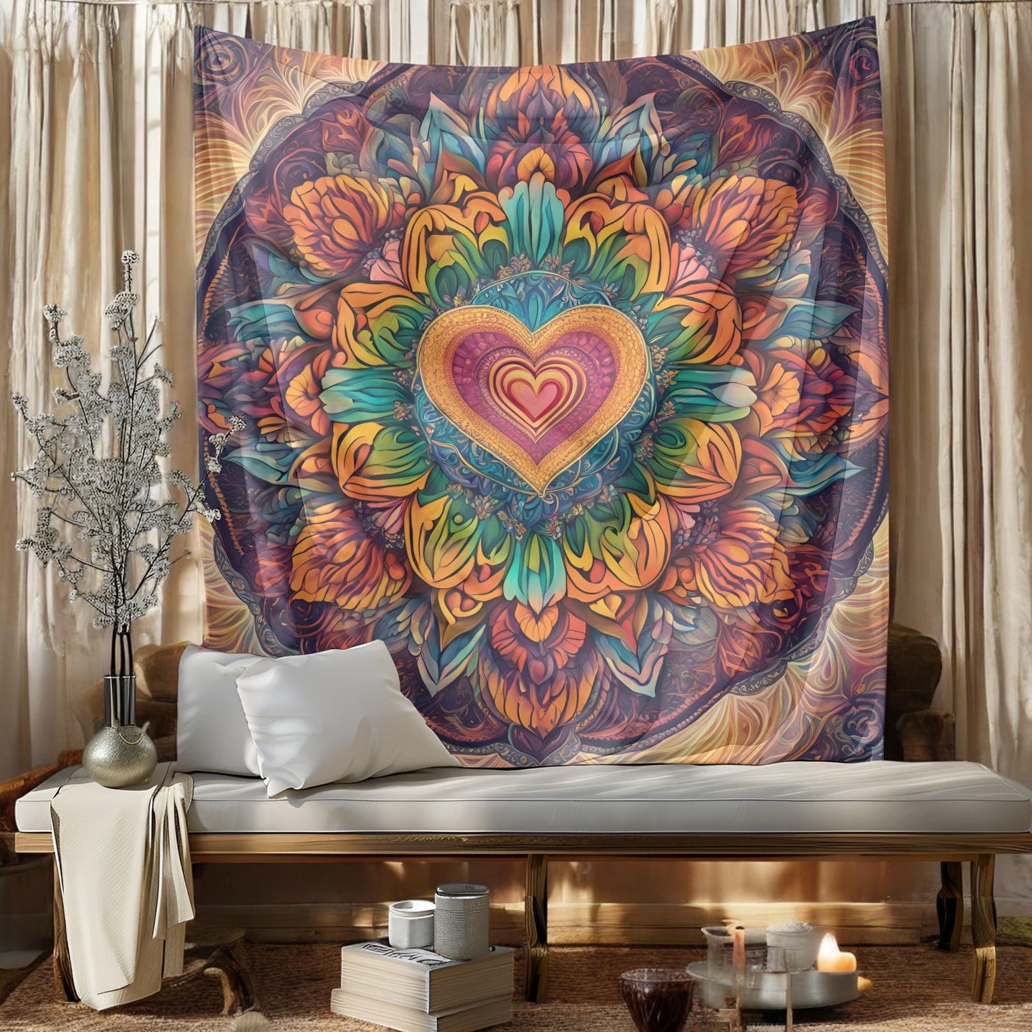 Rainbow Mandala Tapestry - LGBT Pride Boho Wall Hanging - Colorful Spiritual Room Decor - Vibrant Symmetrical Mandala with Heart Center
