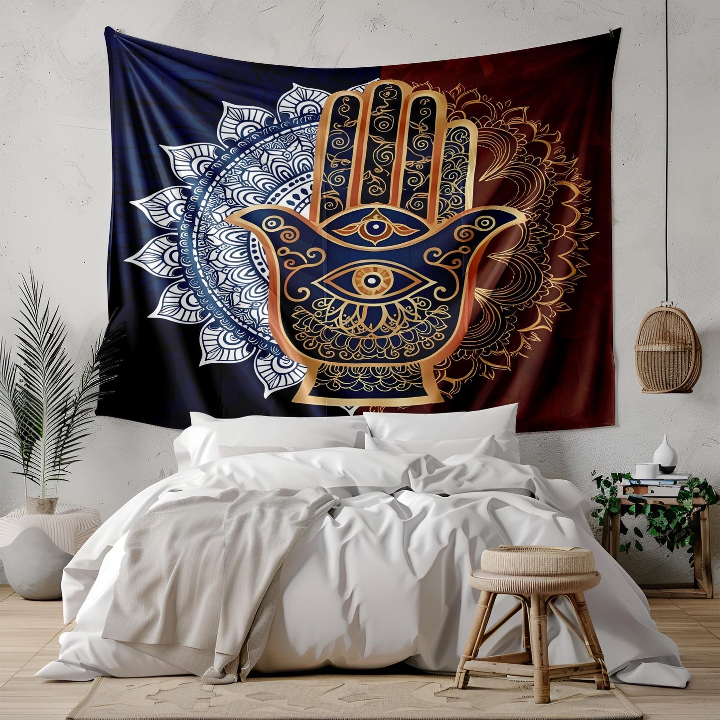 Mystical Hamsa Hand Mandala Tapestry, Indian Spiritual Wall Hanging, Deep Blue Gold Terracotta Boho Decor, Protective Eye Design