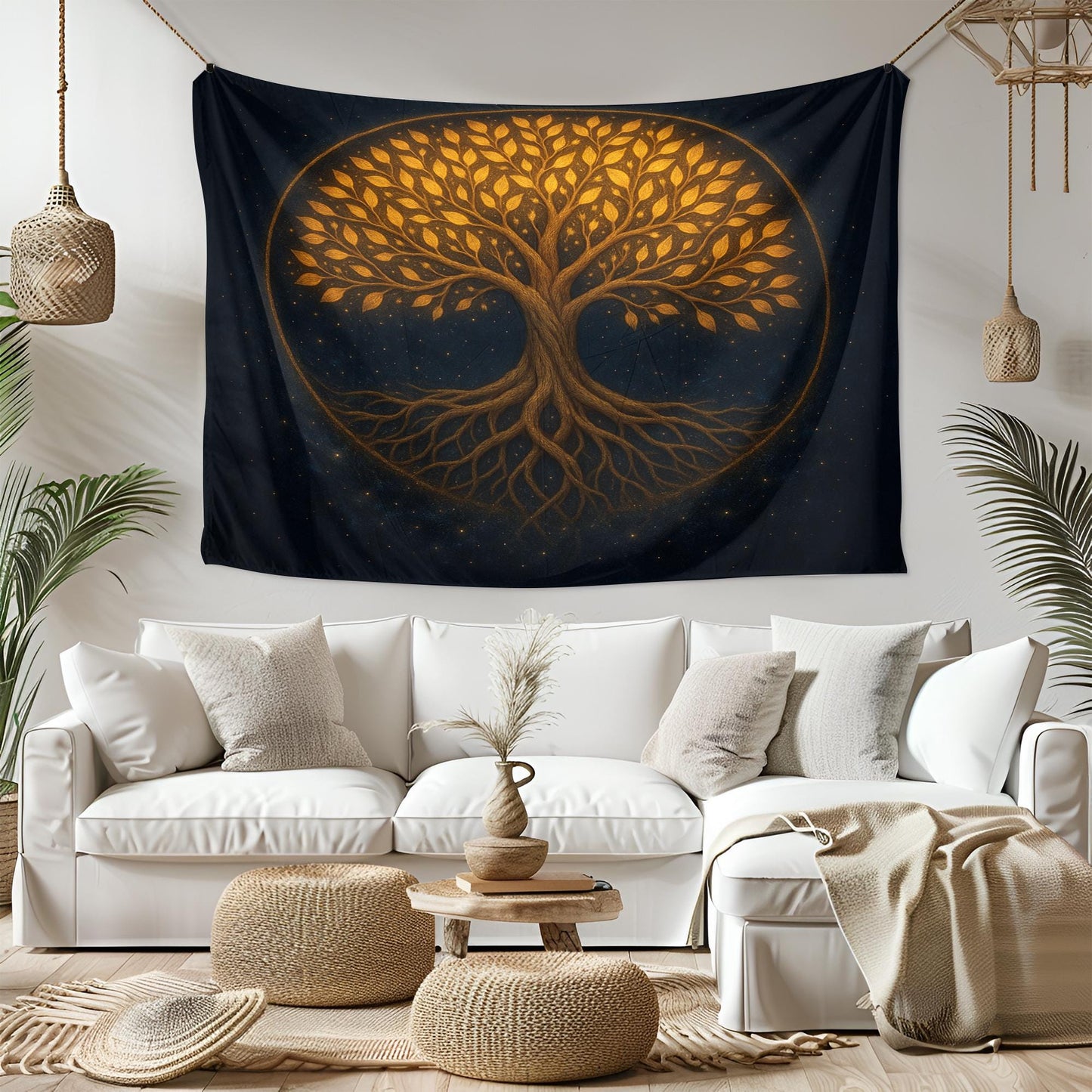 Golden Tree of Life Wall Tapestry, Mystical Night Forest Design, Boho Spiritual Wall Hanging for Bedroom, Living Room or Meditation Decor