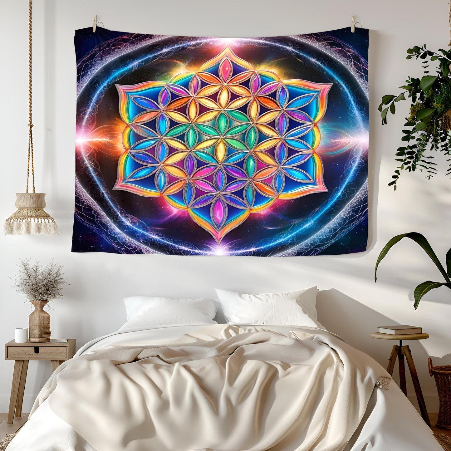 Sacred Flower of Life Tapestry, Glowing Rainbow Energy Art, Holographic Luminous Patterns, Infinite Reflections Decor , Trippy Tapestry