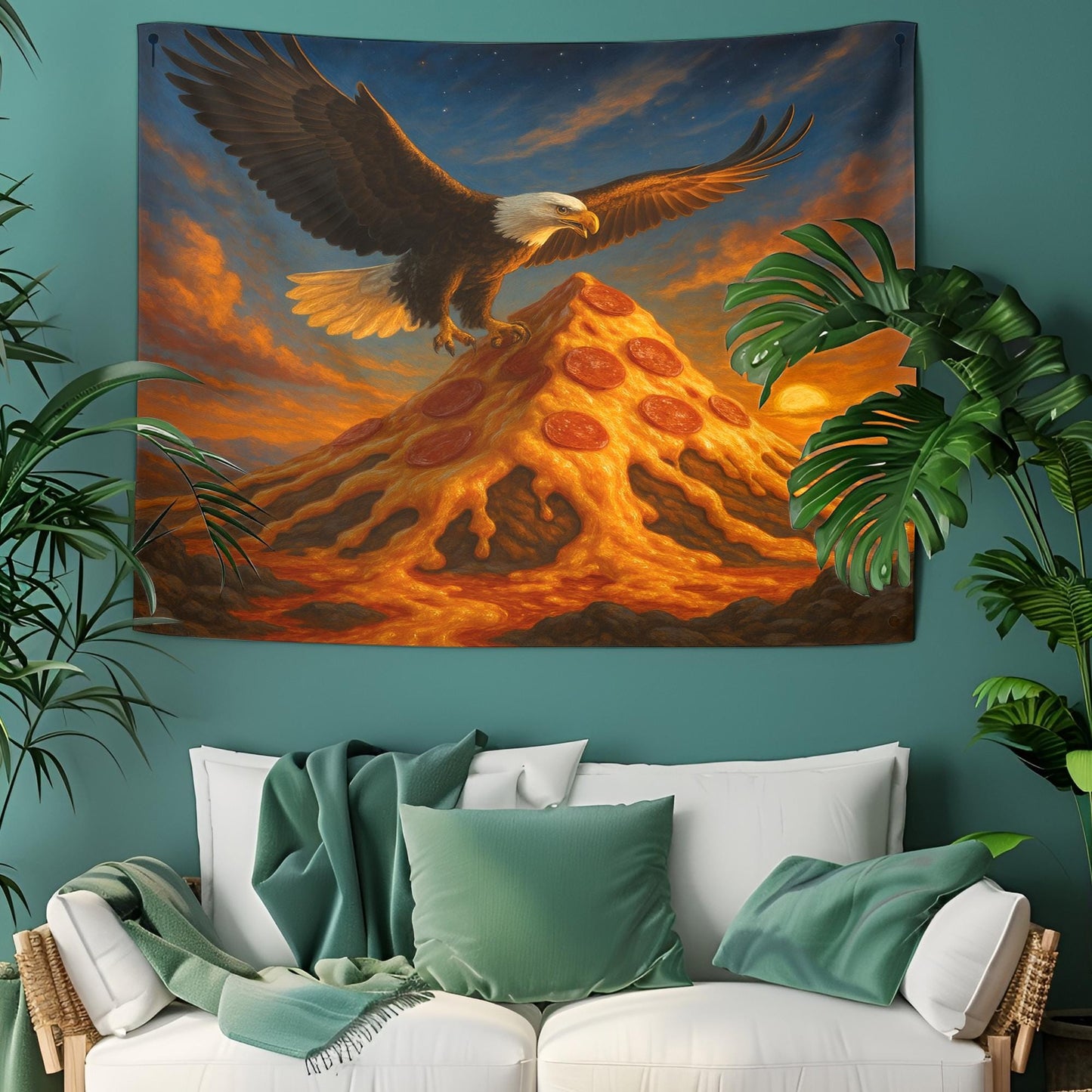 Patriotic Eagle On Pizza Mountain Tapestry, Funny Wall Art For Dorm Room, Bold Americana Galaxy Decor, Unique Gift For Pizza Or Eagle Lover