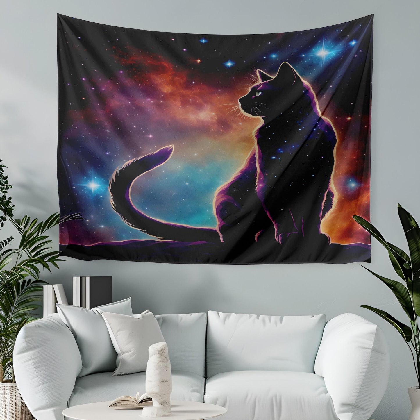 Galactic Cat Tapestry - Cosmic Nebula Kitty Wall Hanging - Mystical Celestial Decor - Space Themed Cat Art - Astrology Zodiac Wall Tapestry