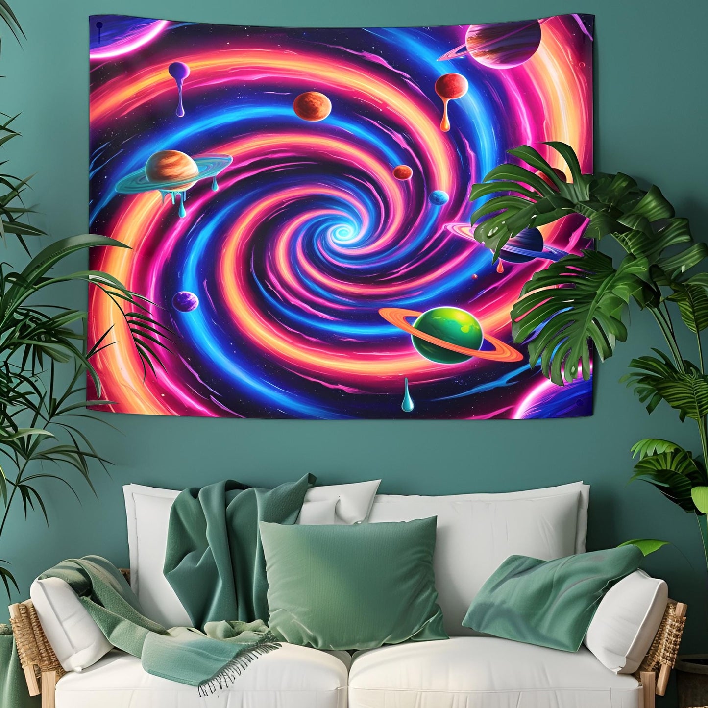 Neon Spiral Galaxy Tapestry, Trippy Cosmic Wormhole Art, Dripping Space Liquids, Vibrant Electric Planet Decor, Psychedelic Tapestry