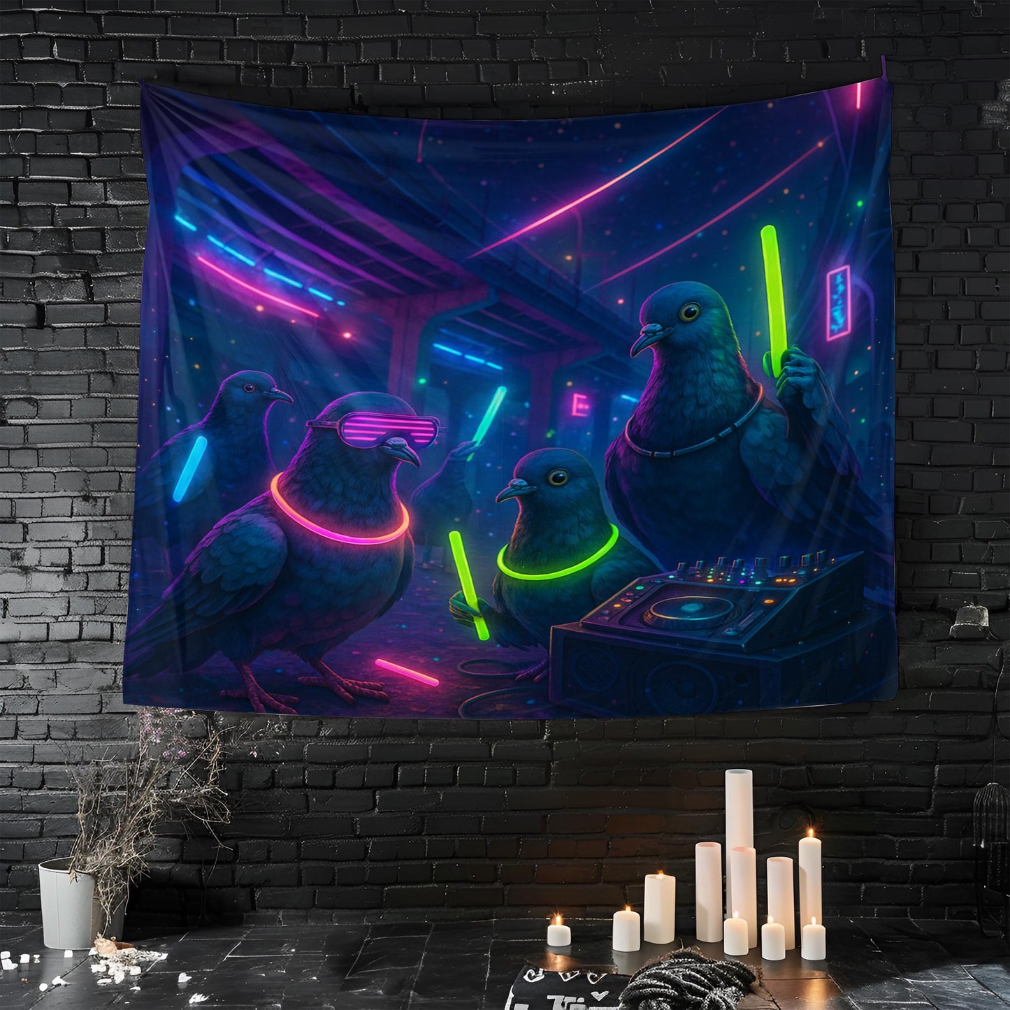 Neon Rave Pigeon Tapestry, Funny Glow Party Wall Art For Dorm Or Game Room, DJ Pigeon Decor, Cool Gift For Bird Lovers And Party Fans