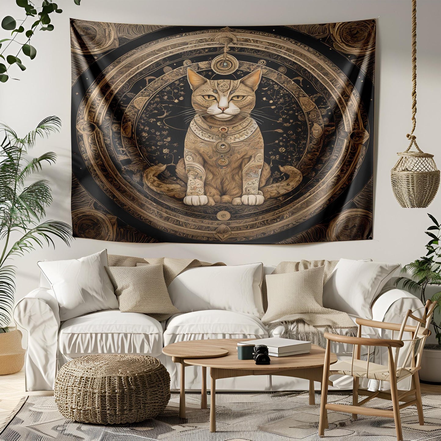 Mystical Mandala Cat Tapestry - Third Eye Feline Wall Hanging - Celestial Astrology Decor - Boho Witchy Art - Spiritual Meditation Tapestry