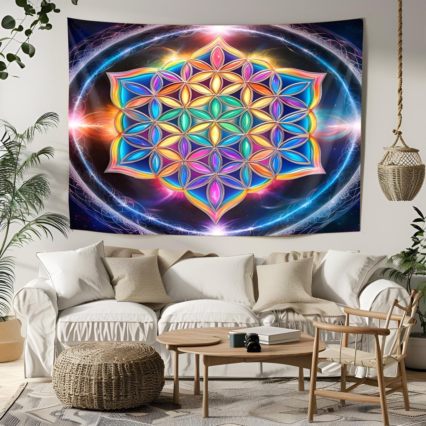 Sacred Flower of Life Tapestry, Glowing Rainbow Energy Art, Holographic Luminous Patterns, Infinite Reflections Decor , Trippy Tapestry