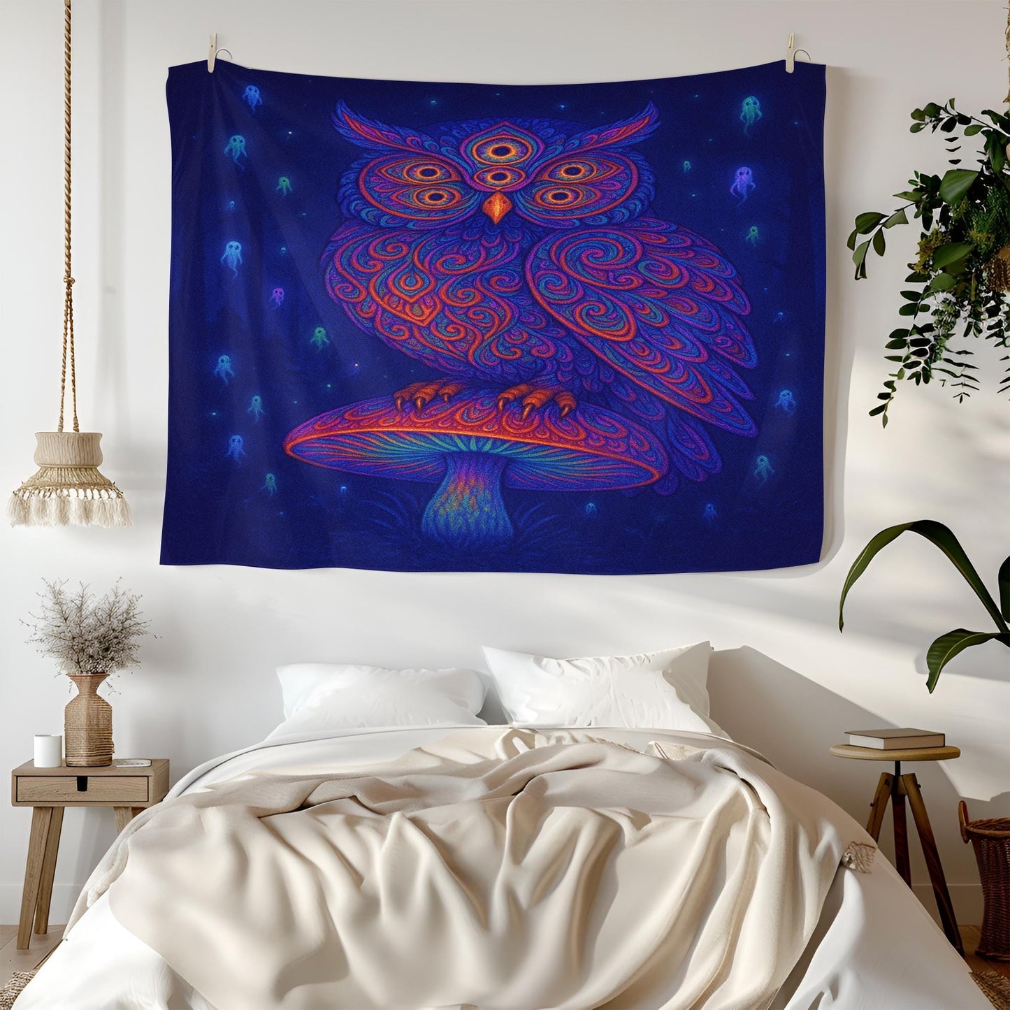 Psychedelic Owl Tapestry, Trippy Mushroom Wall Art, Boho Room Decor, Visionary Spirit Print, Mystical Night Banner, Bohemian Gift
