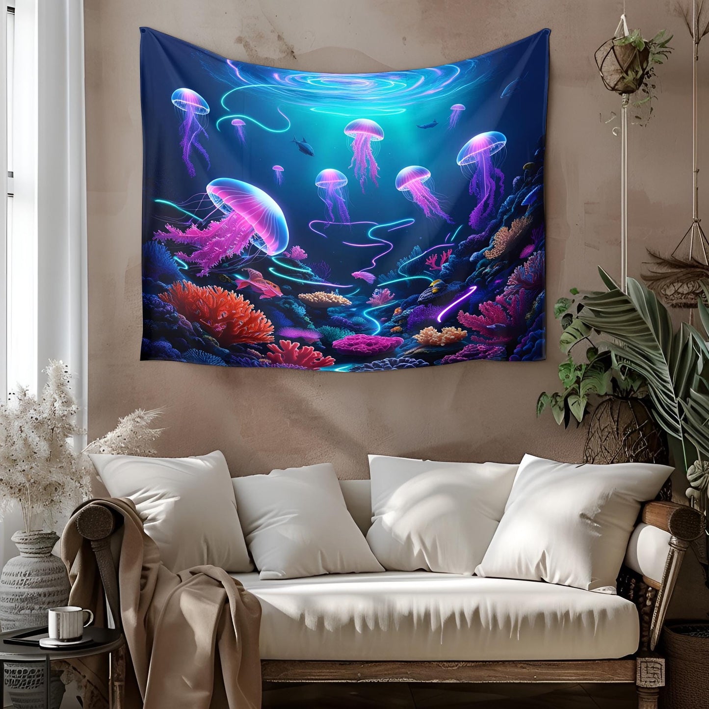 Psychedelic Underwater Tapestry, Glowing Coral Reefs, Bioluminescent Sea Creatures, Cosmic Jellyfish, Swirling Neon Light Ocean Art