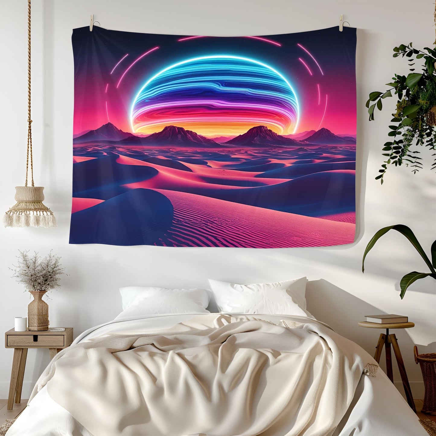 Psychedelic Desert Tapestry, Glowing Sand Dunes & Neon Sun, Surreal Melting Mountains, Retro-Futuristic Dreamscape Art, Trippy Tapestry