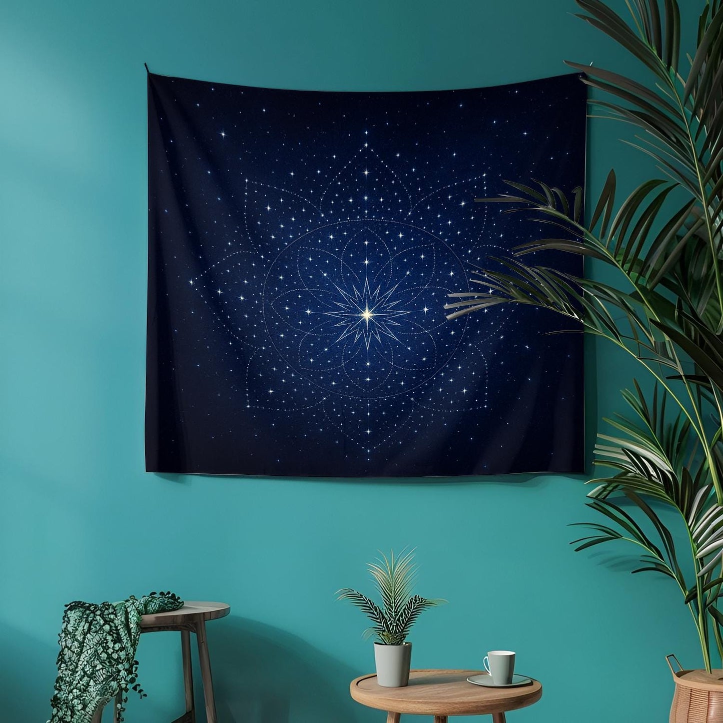 Mystical Star Mandala Wall Tapestry with Cosmic Night Sky Design – Deep Blue Celestial Wall Art for Spiritual Meditation or Boho Décor