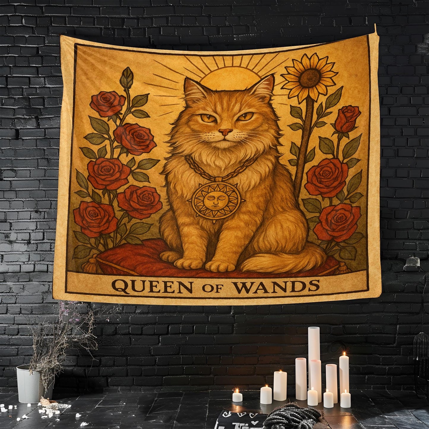 Queen of Wands Cat Tapestry – Tarot-Inspired Cat Wall Art, Boho Mystic Decor, Empowering Tapestry for Bedroom, Living Room or Altar