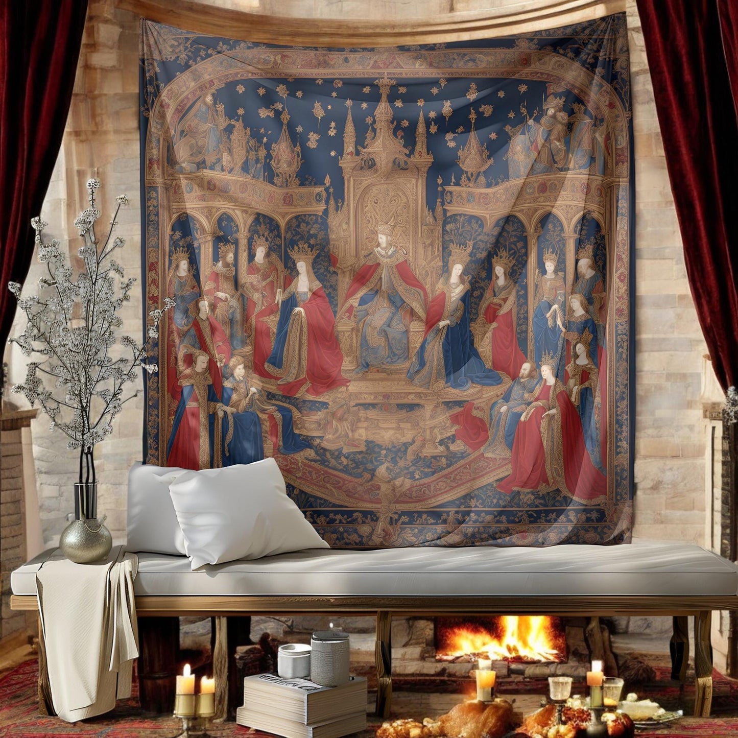 Medieval Royal Tapestry - King and Queen Sitting on Golden Thrones - Gothic Wall Hanging - Renaissance Home Decor - Castle-Inspired Art