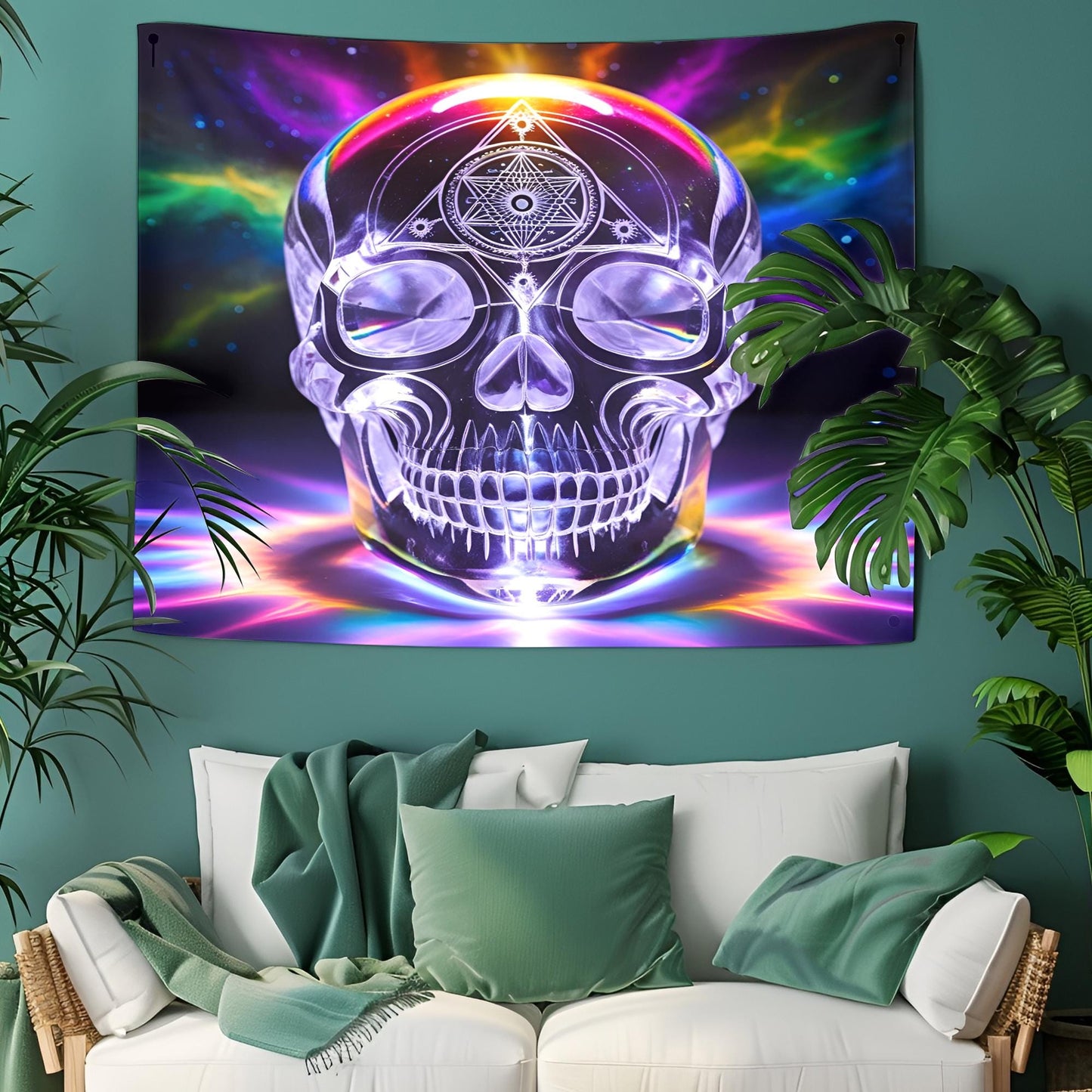 Translucent Crystal Skull Tapestry, Glowing Rainbow Hues, Sacred Geometry Carvings, Cosmic Energy Pulsating, Psychedelic Surreal Art