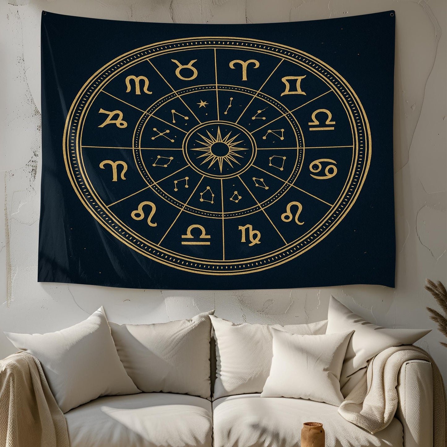 Golden Zodiac Sign Tapestry with Astrological Constellations β Boho Celestial Wall Decor for Astrology Enthusiasts and Spiritual Spaces