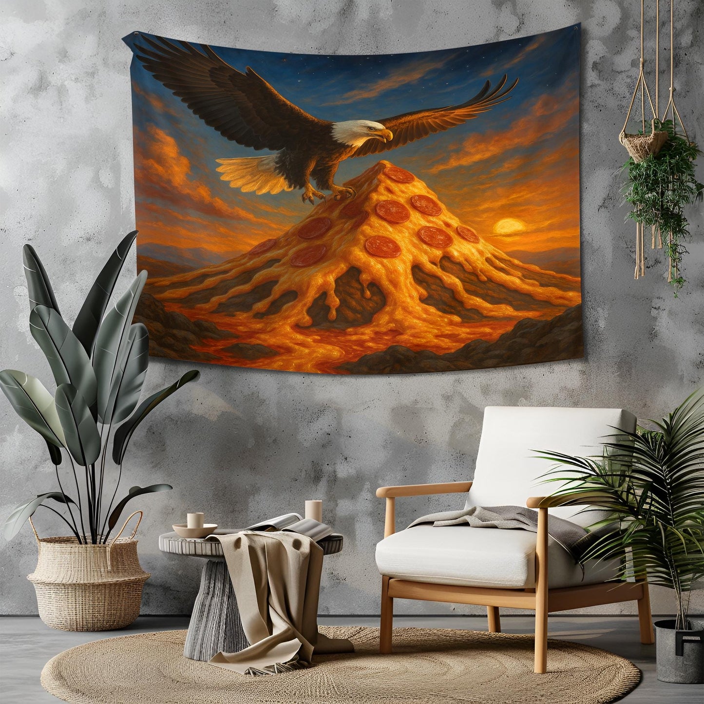 Patriotic Eagle On Pizza Mountain Tapestry, Funny Wall Art For Dorm Room, Bold Americana Galaxy Decor, Unique Gift For Pizza Or Eagle Lover