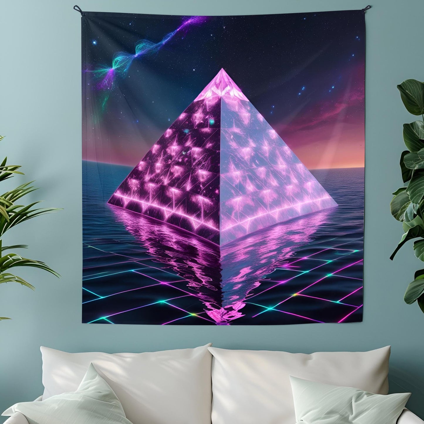 Neon Crystal Pyramid Tapestry, Floating Cosmic Light Prism, Glowing Rainbow Reflections, Geometric Energy Patterns Art, Trippy Tapestry