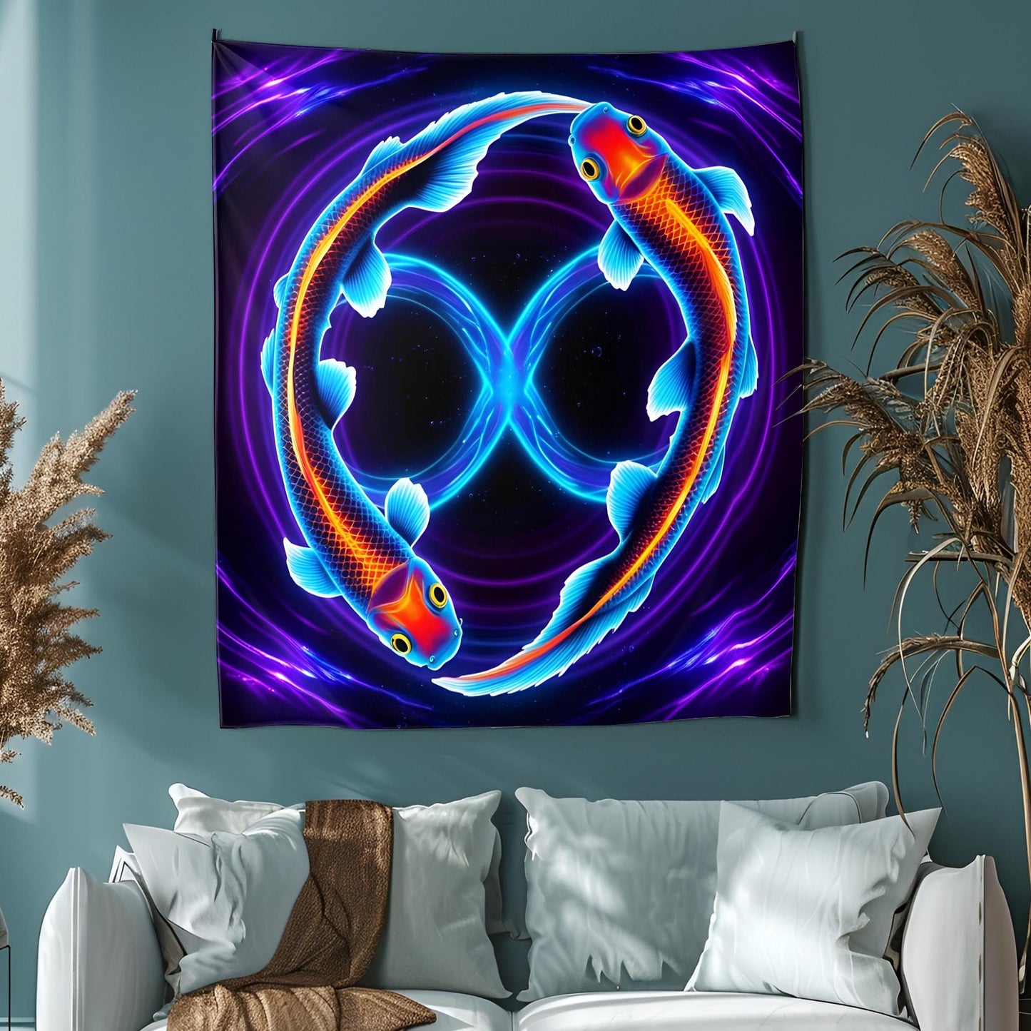 Neon Koi Fish Infinity Tapestry, Glowing Cosmic Water Ripples, Psychedelic Blue Purple Art, Mesmerizing Symbol of Balance & Energy Flow