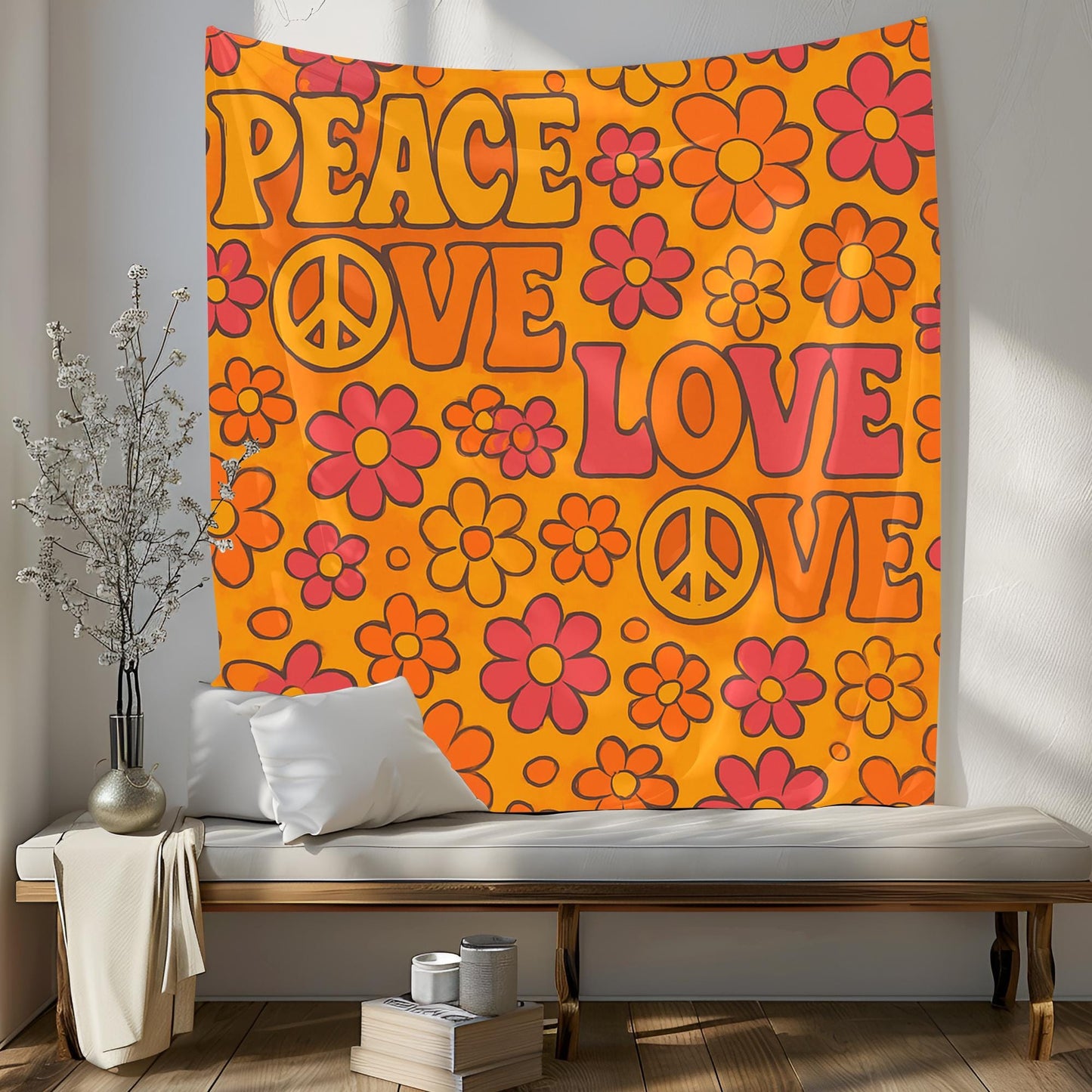 Retro Peace And Love Pattern Tapestry, 70s Style Typography With Flower Power Symbols, Orange Yellow Pink Wall Art, Groovy Gift For Her
