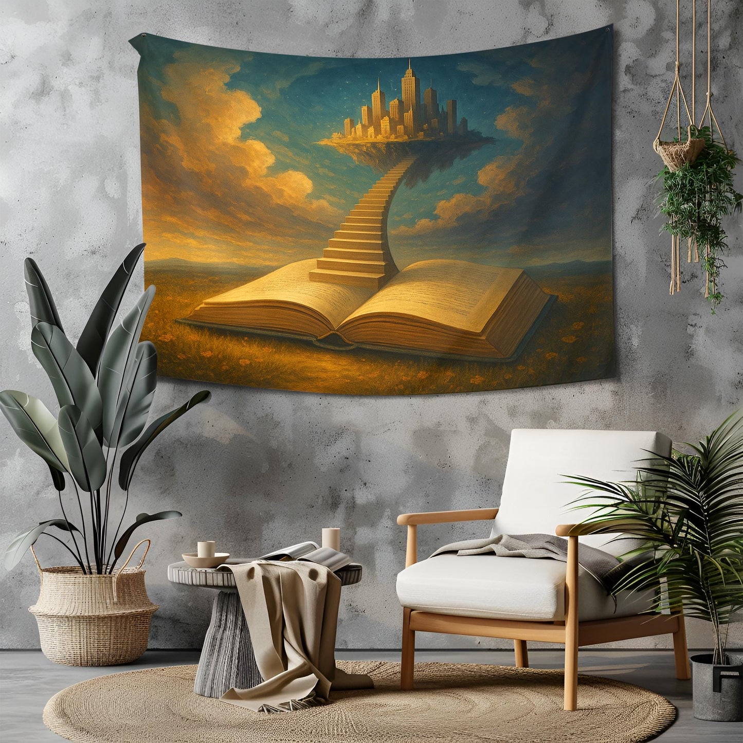 Open Book With Staircase To Floating City Tapestry, Surreal Dreamscape Field Scene, Literary Fantasy Wall Art, Gift For Readers