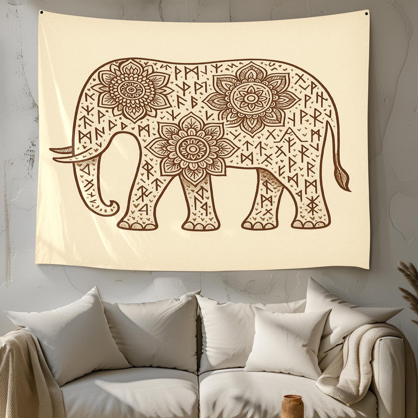 Mandala Elephant Wall Tapestry with Runes on Cream Background β Bohemian Boho Decor for Yoga Room, Bedroom, Meditation and Healing Space