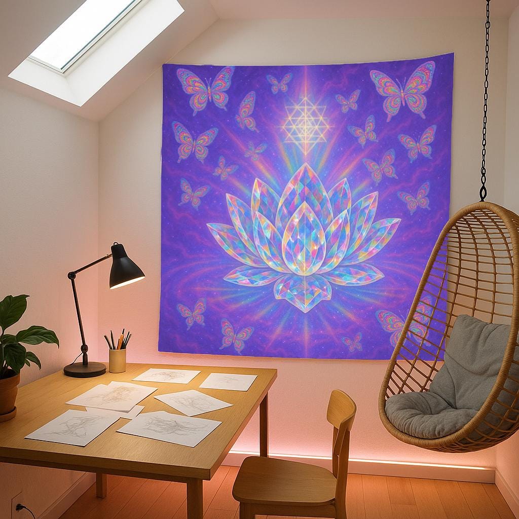 Crystal Lotus Tapestry, Spiritual Butterfly Wall Art, Pink Purple Boho Decor, Meditation Yoga Room Hanging, Sacred Geometry Gift