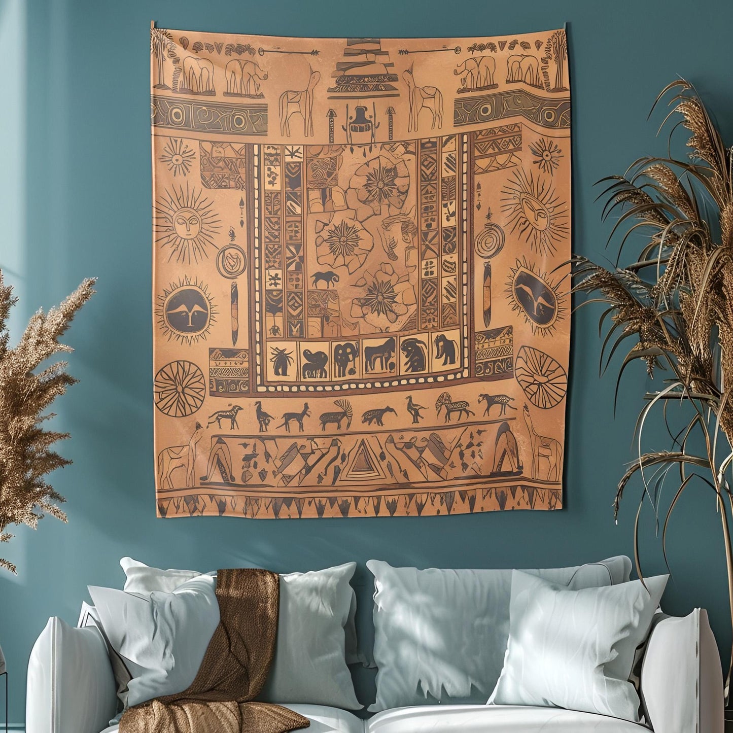 Mystical Tapestry, Ancient Stone Carving Wall Hanging, Sacred Geometric Design, Earthy Sand Tones Decor, Monument Tapestry , Gift for room