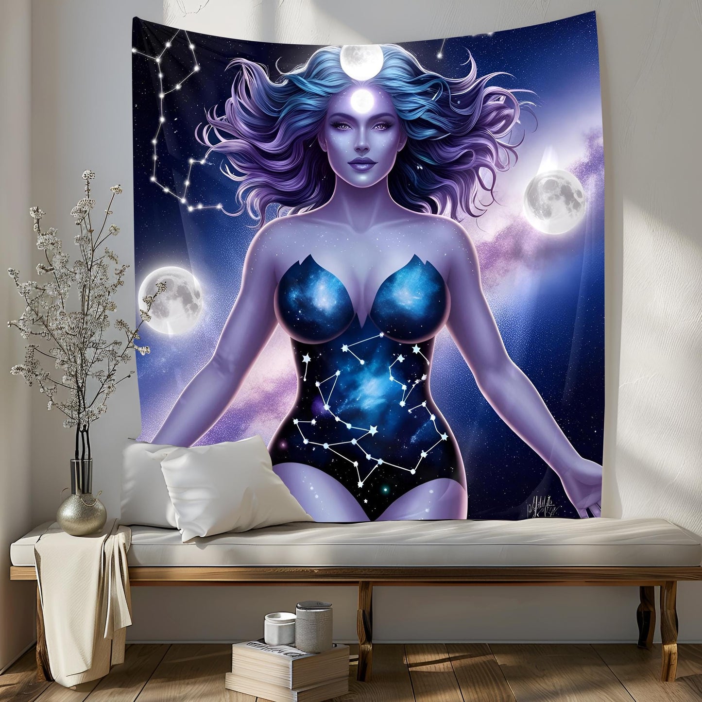 Cosmic Goddess Tapestry Full-Frame Design, Hair Blending into Galaxy, Constellations, Glowing Moons, Indigo Lavender Stardust Fantasy Art