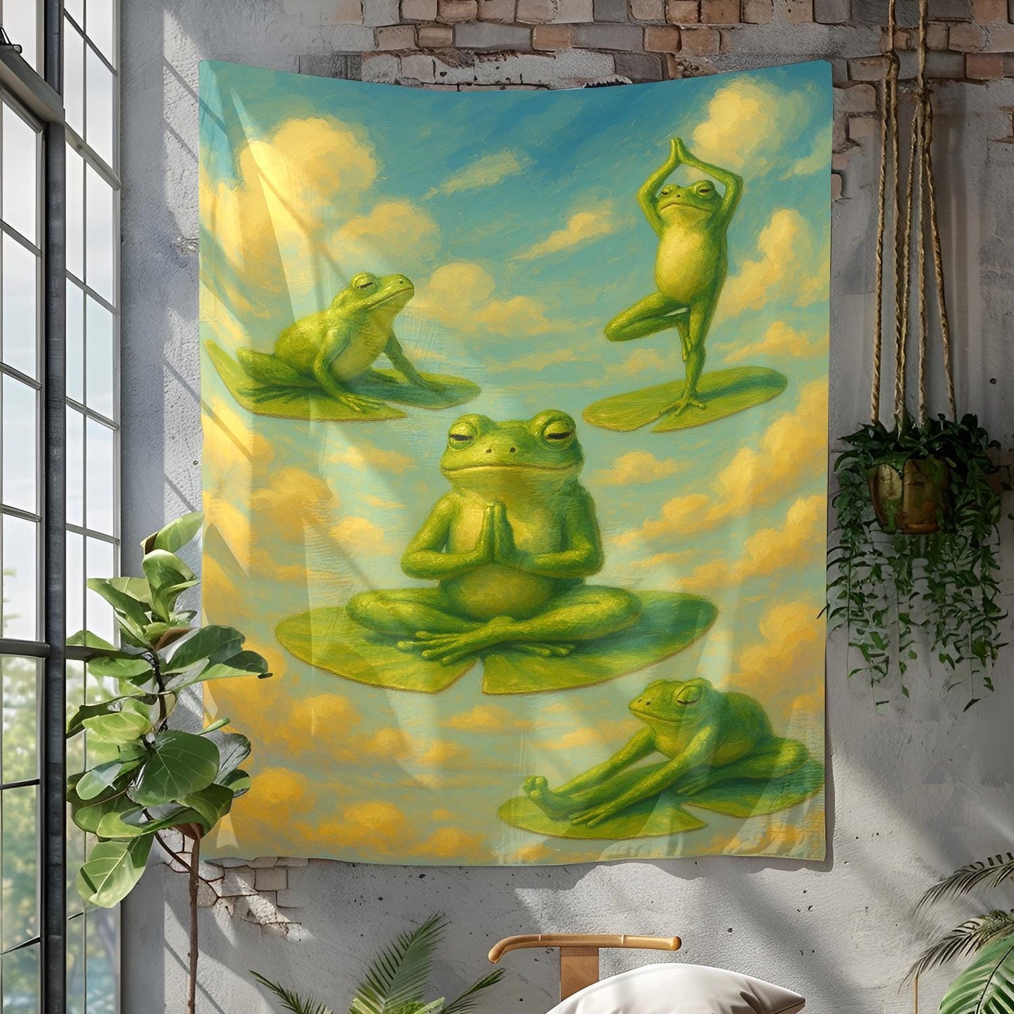 Yoga Frog Tapestry For Meditation Room Or Dorm Decor, Peaceful Frog Art On Lily Pads In Sky, Funny Gift For Yogi, Nature Lover Wall Art