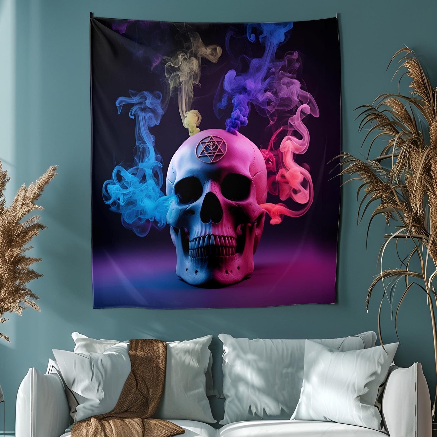 Mystical Skull Tapestry, Neon Smoke & Sacred Symbols, Dark Surreal Wall Art, Hyper-Detailed Psychedelic Decor, Trippy Wall Decoration