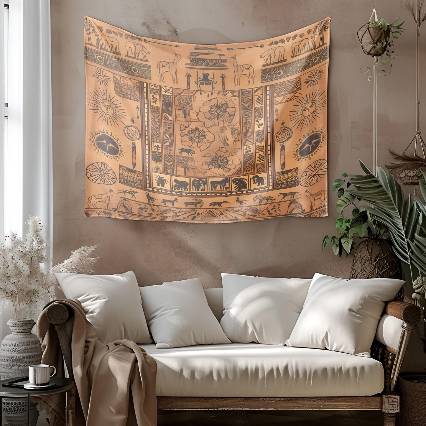 Mystical Tapestry, Ancient Stone Carving Wall Hanging, Sacred Geometric Design, Earthy Sand Tones Decor, Monument Tapestry , Gift for room