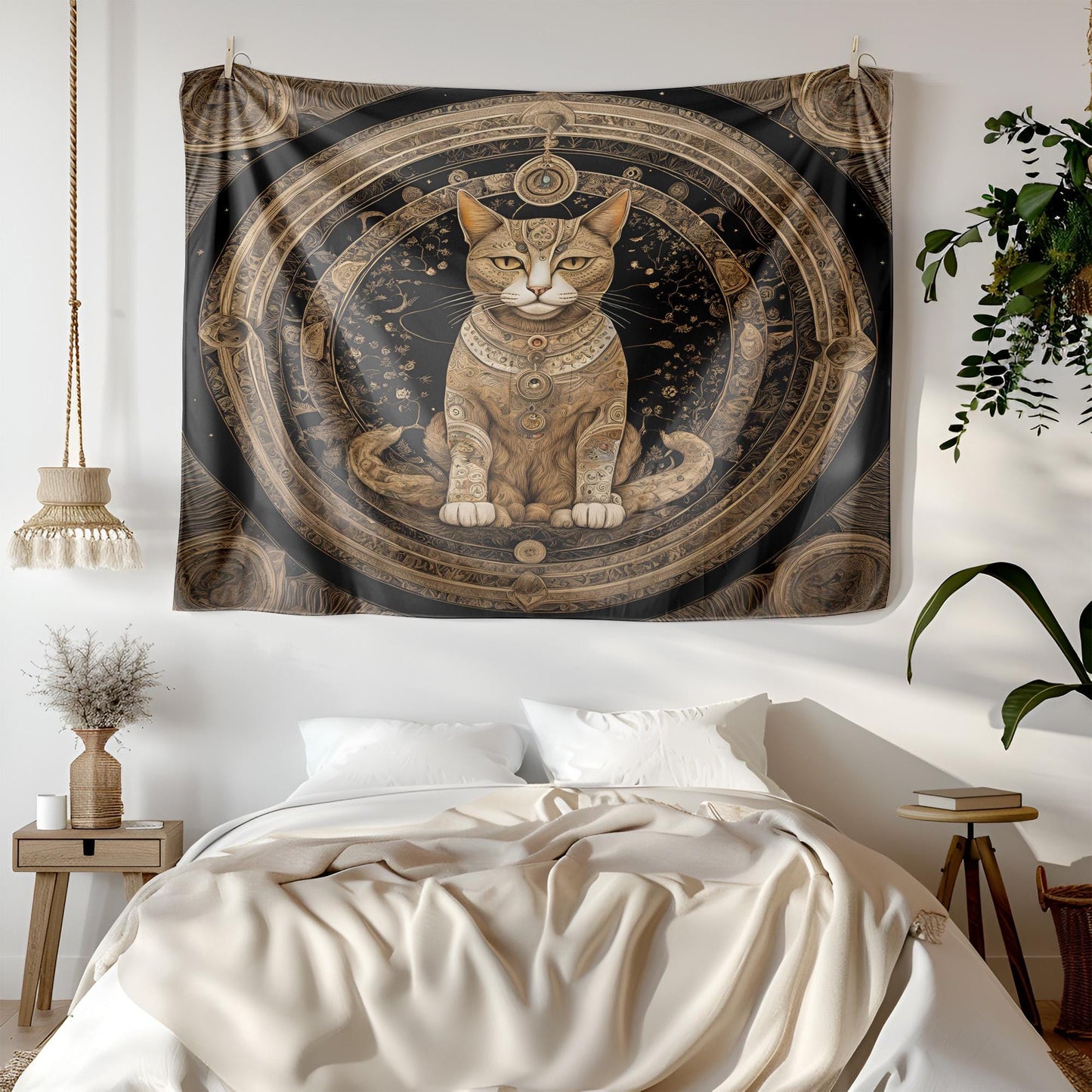 Mystical Mandala Cat Tapestry - Third Eye Feline Wall Hanging - Celestial Astrology Decor - Boho Witchy Art - Spiritual Meditation Tapestry