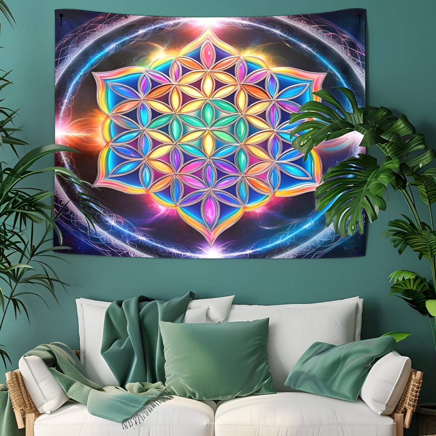 Sacred Flower of Life Tapestry, Glowing Rainbow Energy Art, Holographic Luminous Patterns, Infinite Reflections Decor , Trippy Tapestry