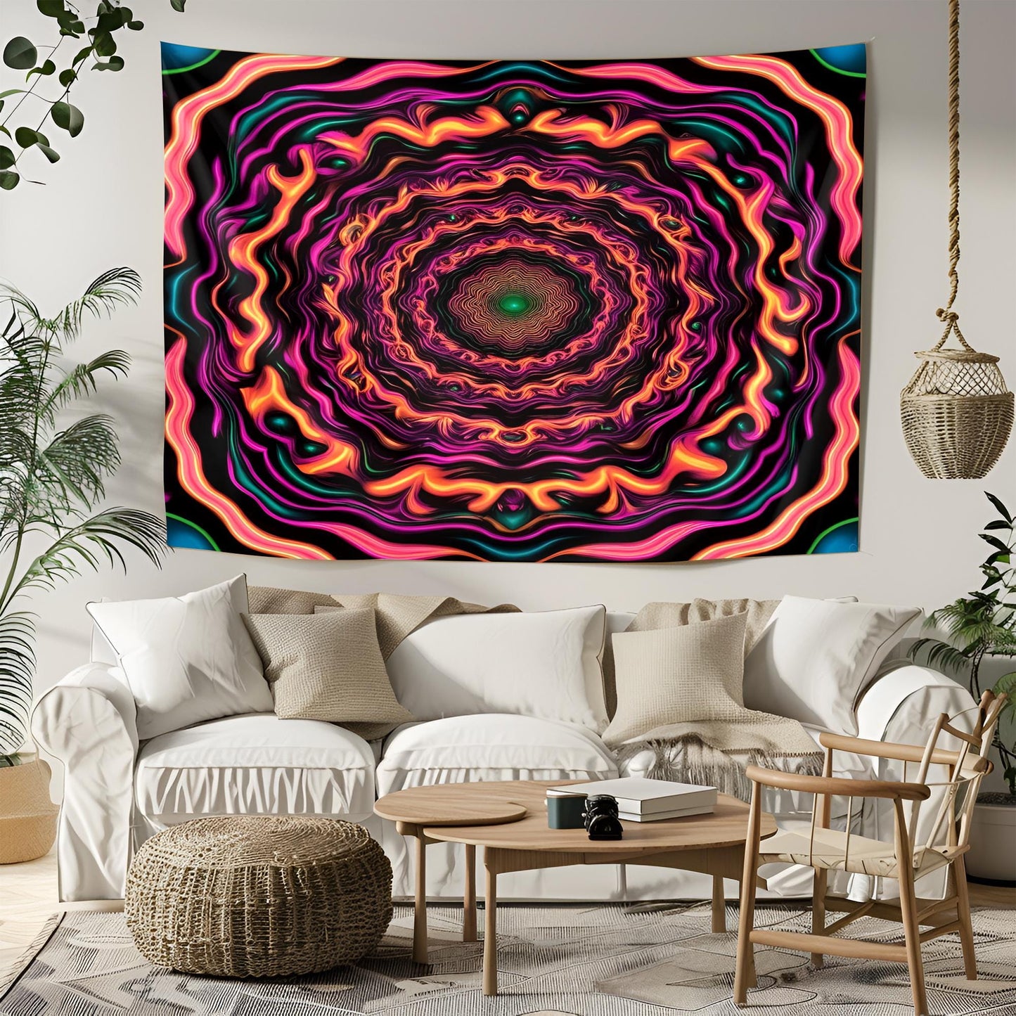Trippy Optical Illusion Tapestry, Hypnotic Neon Swirl Wall Art, Endless Moving Pattern, Mind-Bending Psychedelic Decor, Tapestry Neon