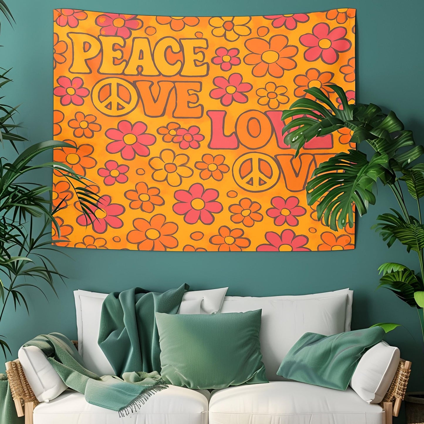 Retro Peace And Love Pattern Tapestry, 70s Style Typography With Flower Power Symbols, Orange Yellow Pink Wall Art, Groovy Gift For Her