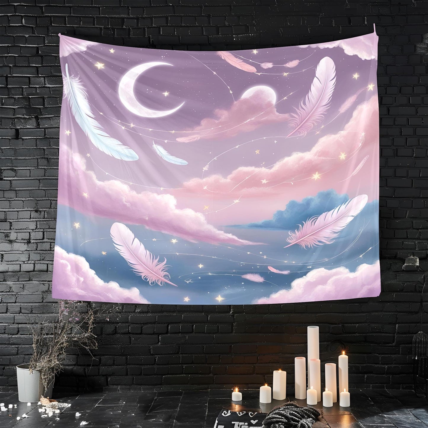 Dreamy Galaxy Tapestry with Floating Crescent Moons, Drifting Feathers, Glowing Clouds & Star Trails in Lilac Blush Pink Baby Blue