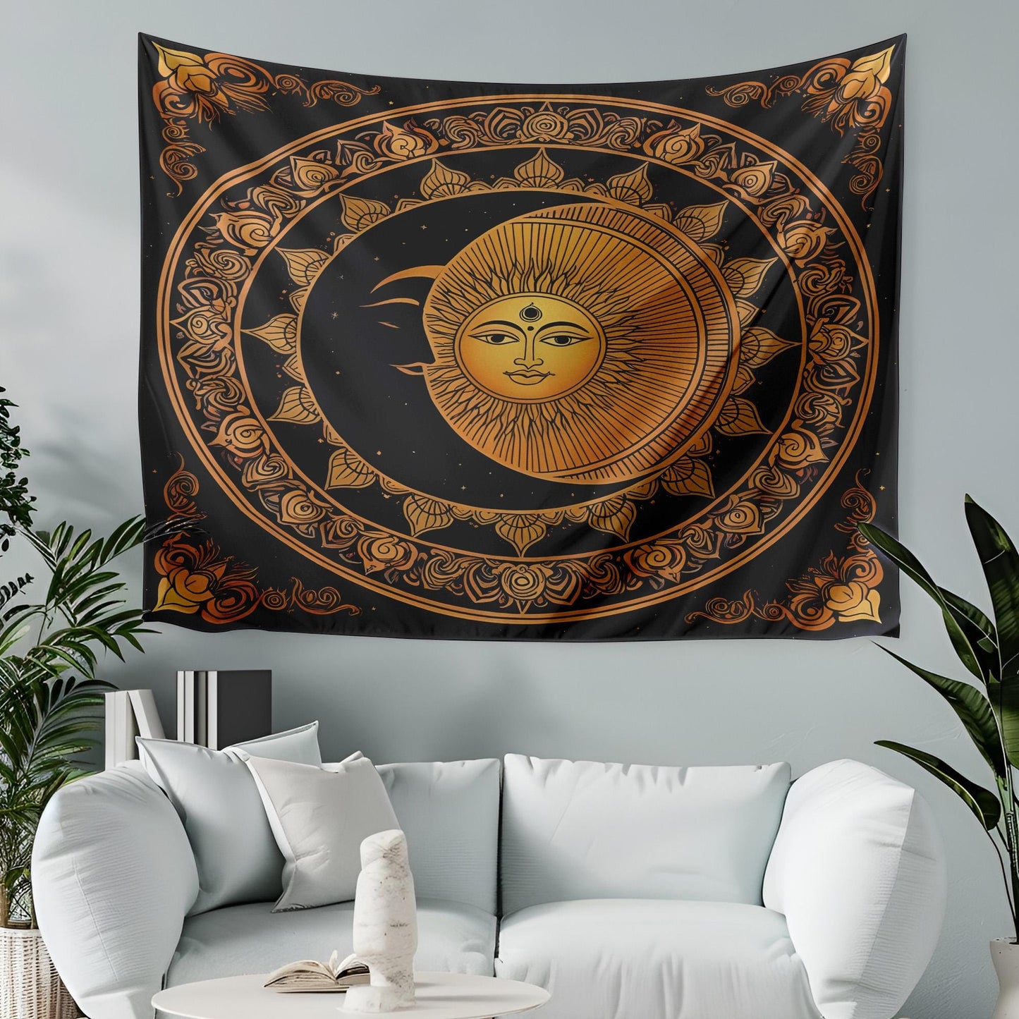 Indian Mandala Tapestry Wall Hanging, Celestial Sun Moon Decor, Spiritual Meditation Room Art, Yoga Wall Decor, Astrology Bedroom Tapestry