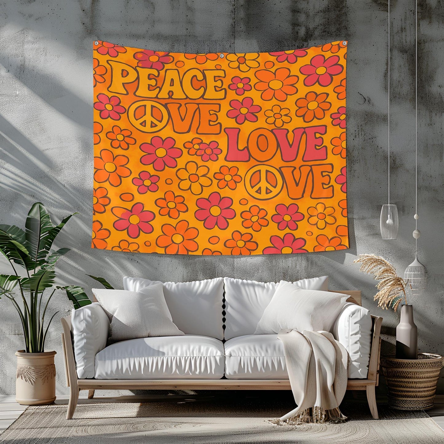 Retro Peace And Love Pattern Tapestry, 70s Style Typography With Flower Power Symbols, Orange Yellow Pink Wall Art, Groovy Gift For Her